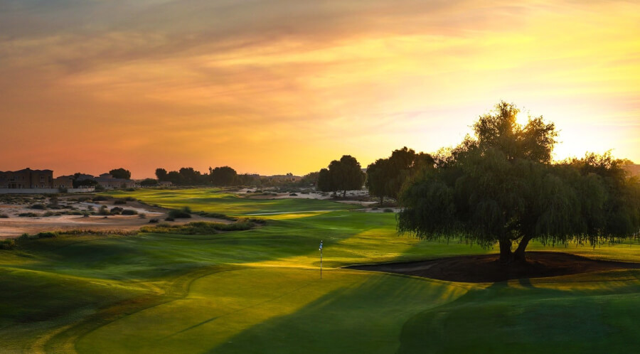 Sunset view of golf course in Arabian Ranches Sunset view of golf course in Arabian Ranches